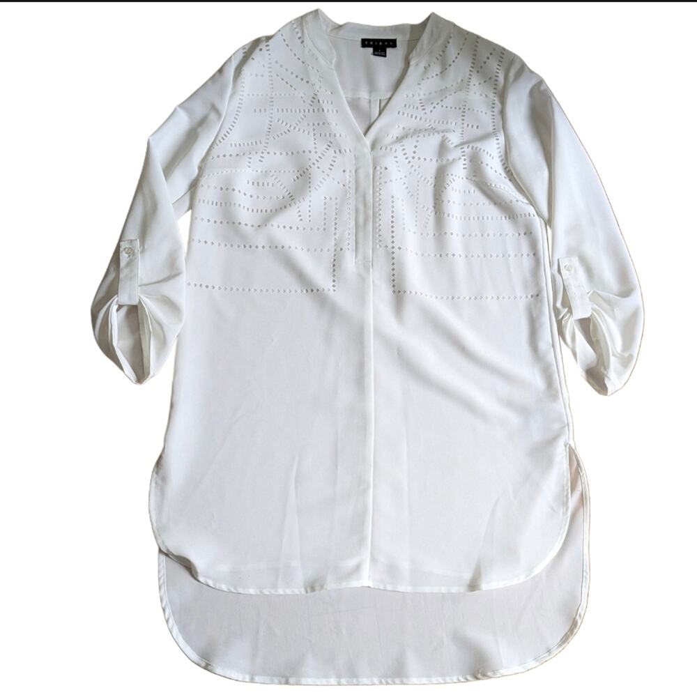 Tribal White Laser Cut Detail RollTab 3/4 Sleeve Summer Preppy Tunic Shirt Dress